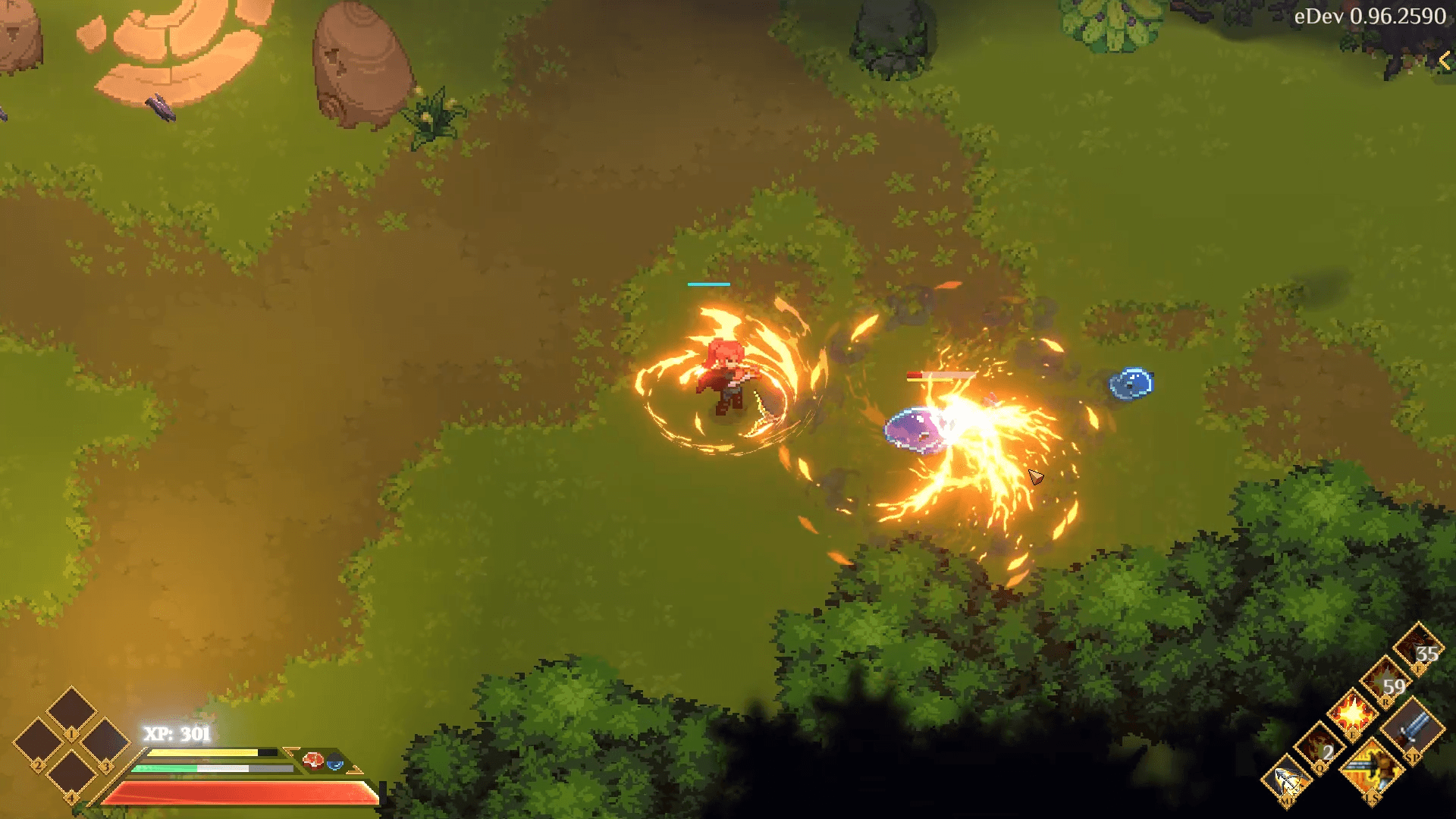 A character striking a slime with a fiery attack