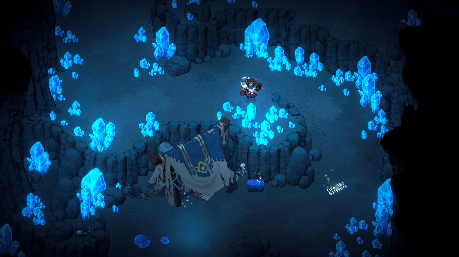 A blue crystal cave at the beginning of the adventure