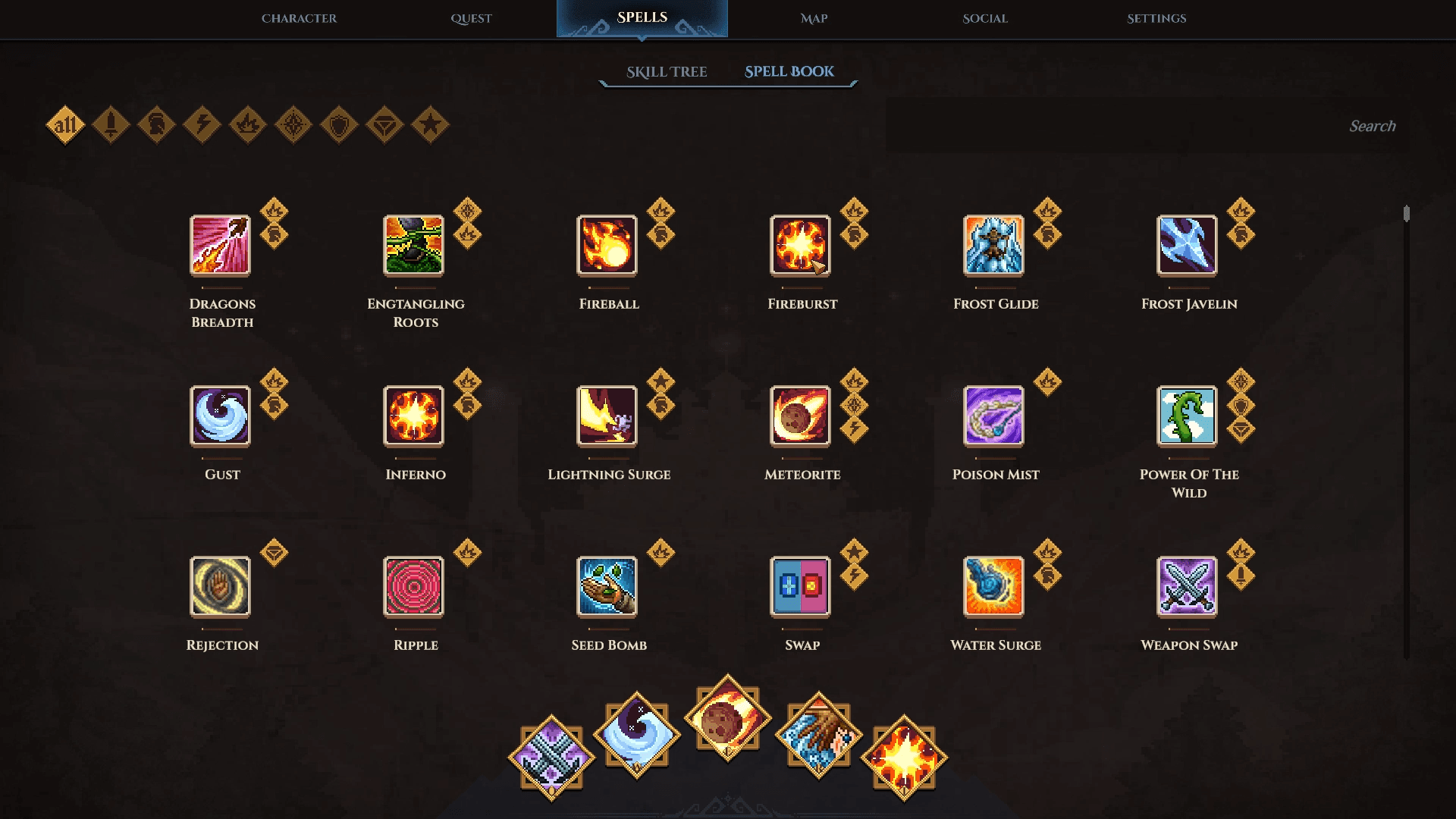 The spellbook screen with spell icons and five equipped slots