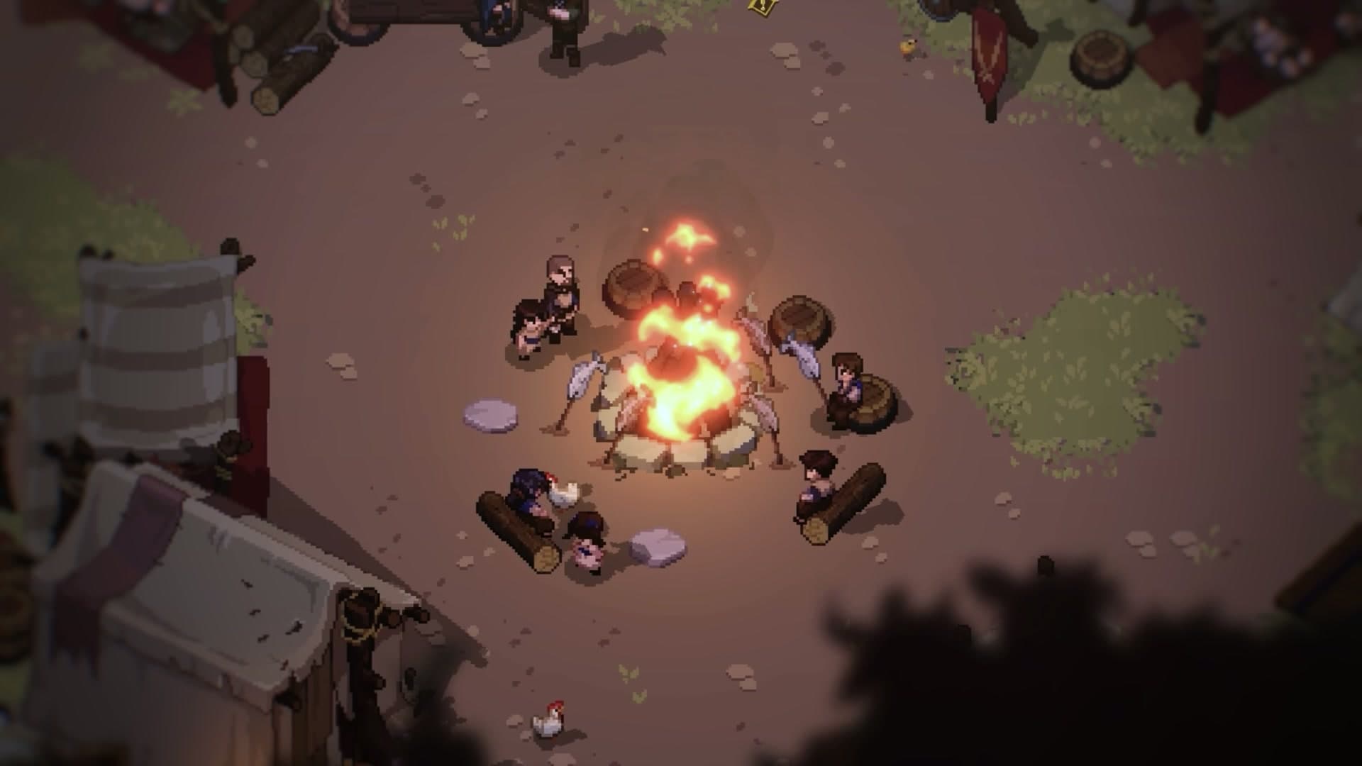 Adventurers resting around a campfire