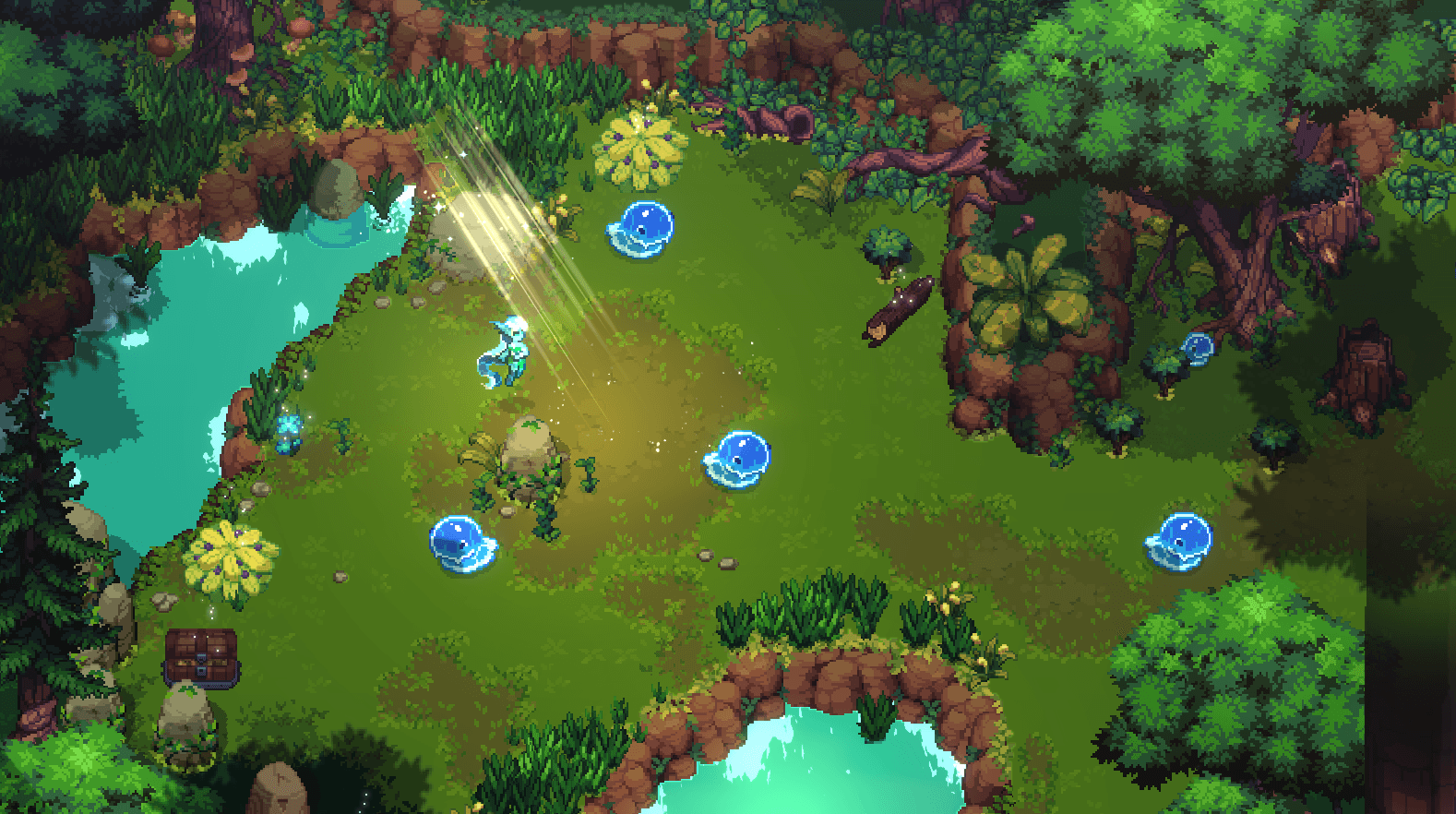 A character fighting in a bright green field